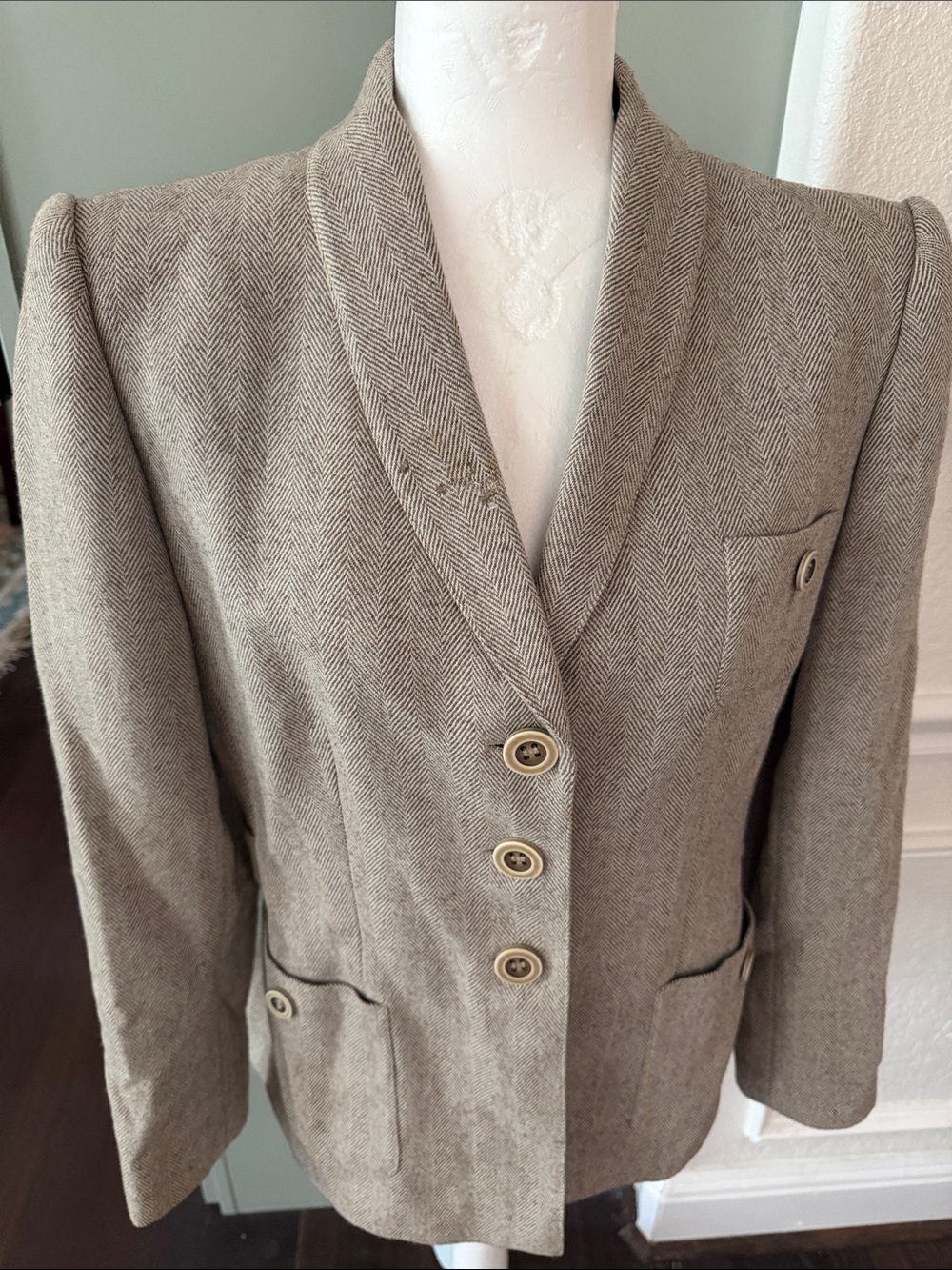 Valentino Taupe Herringbone Wool Blend Blazer Jacket